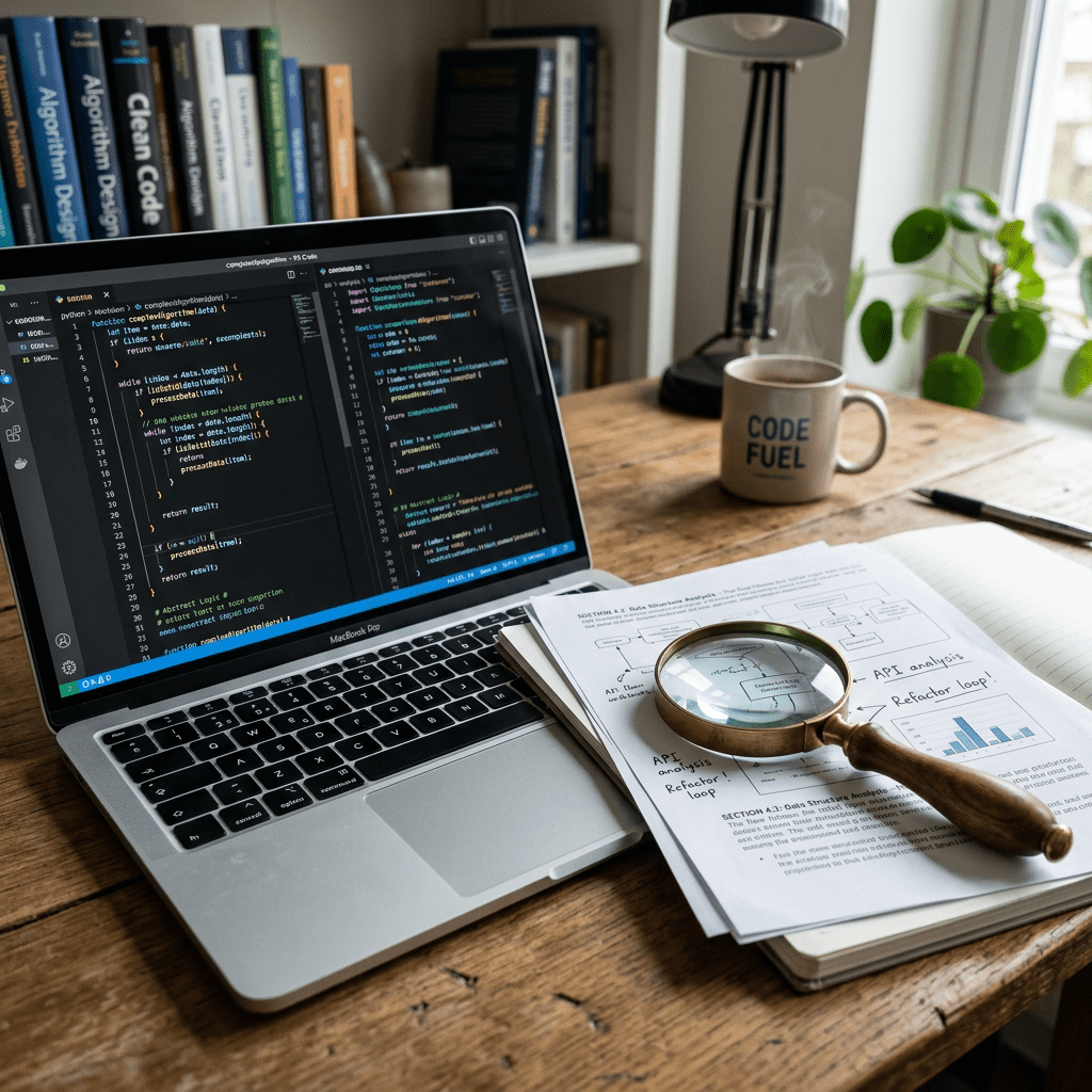 Laptop showing programming code next to printed API analysis documents and magnifying glass